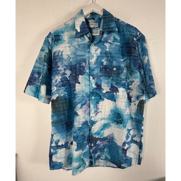 Georg Roth Mens Blue White Watercolor Short-Sleeve Button-Up Shirt L/4 41/42 - Picture 1 of 6